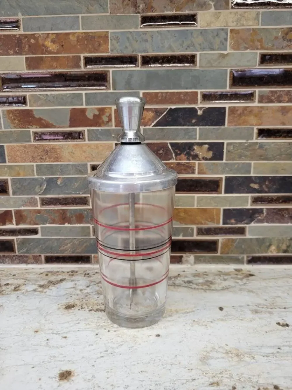 Vtg MCM Lightning Ice Crusher Mixer Glass Cocktail Shaker 20 oz Red Black Stripe